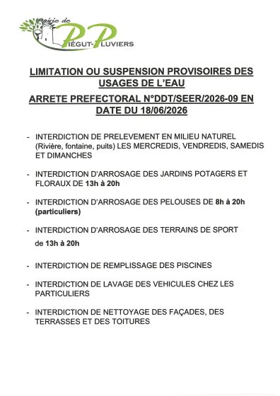 LIMITATION OU SUSPENSION PROVISOIRES DES USAGES DE L&rsquo;EAU