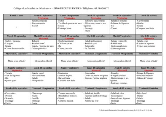 Menu cantine Collège « Les marches d&rsquo;Occitanie »