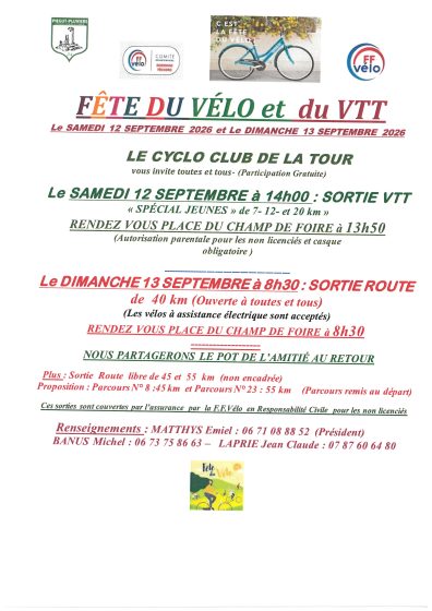 SORTIES VELO DES SAMEDI 12 SEPTEMBRE ET DIMANCHE 13 SEPTEMBRE